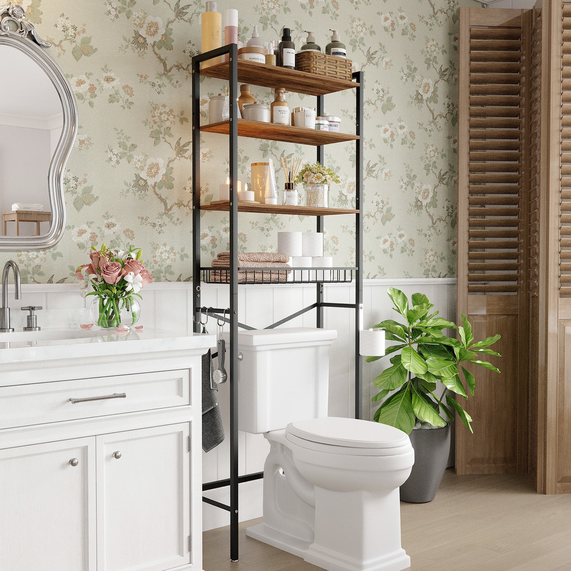 GARITIN Over The Toilet Storage Shelf, 4-Tier Bathroom Organizer with Hooks & Toilet Paper Holder, Over Toilet Storage Rack for Small Bathroom, Black