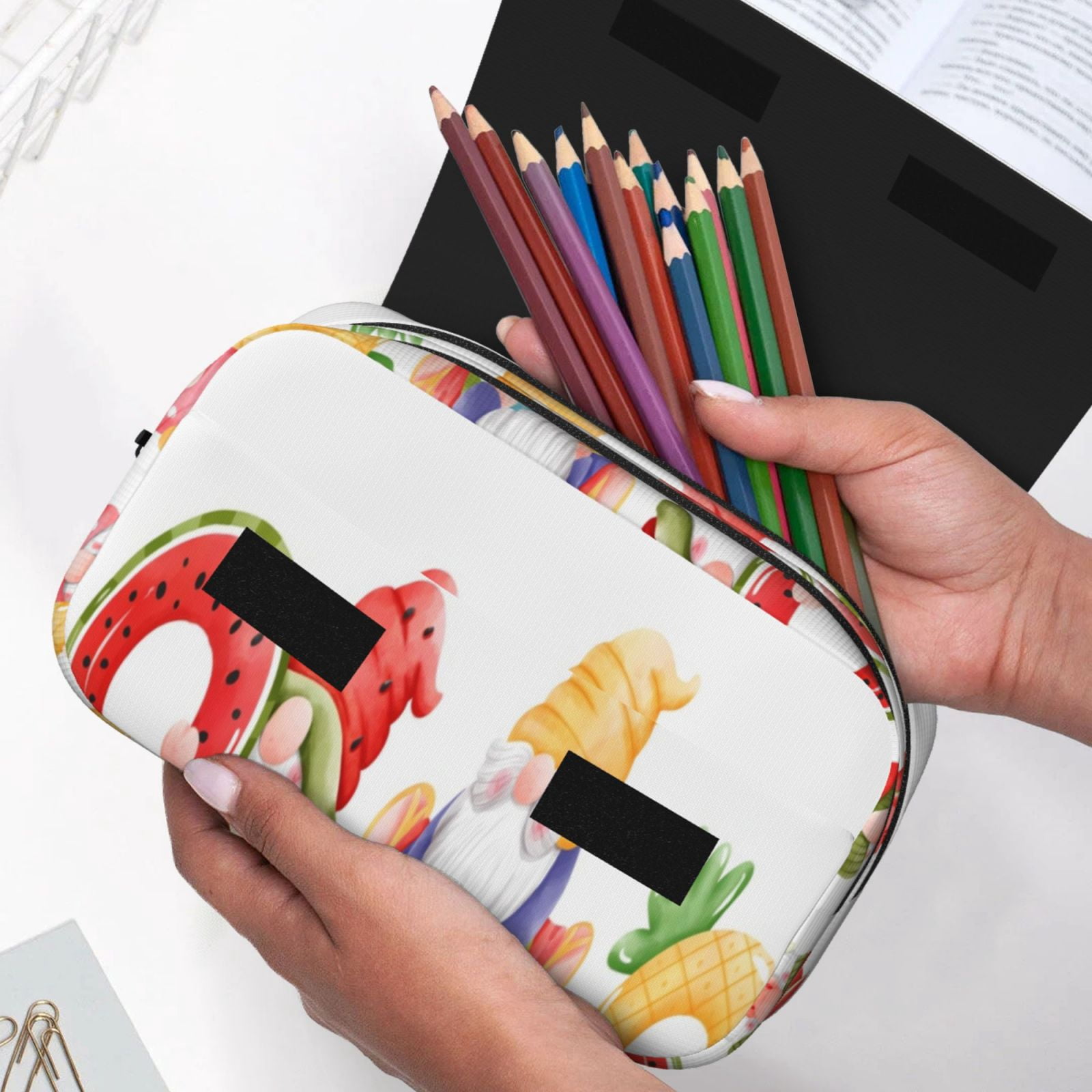 Rateoe Summer Gnome Pattern Double Clamshell Pen Case, Storage Organizer with Two Zipper Compartments– Holds Up to 50 Pencils & Pens