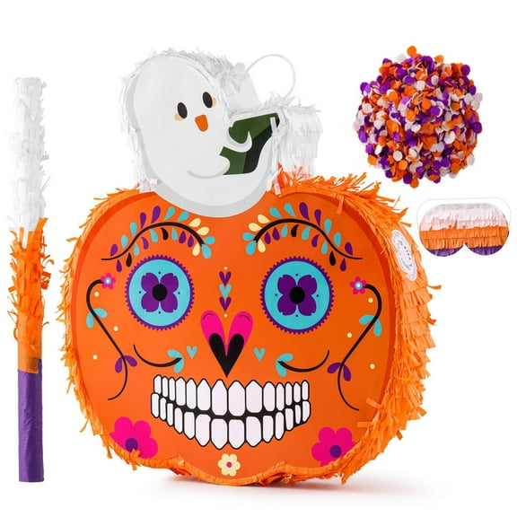 VINTS Pumpkin Piñata,Pumpkin Sugar Skulls Piñata with Blindfold Bat for Halloween Theme Parties Birthday party Day of the Dead Decorations(16.5×12.8×3.15in)