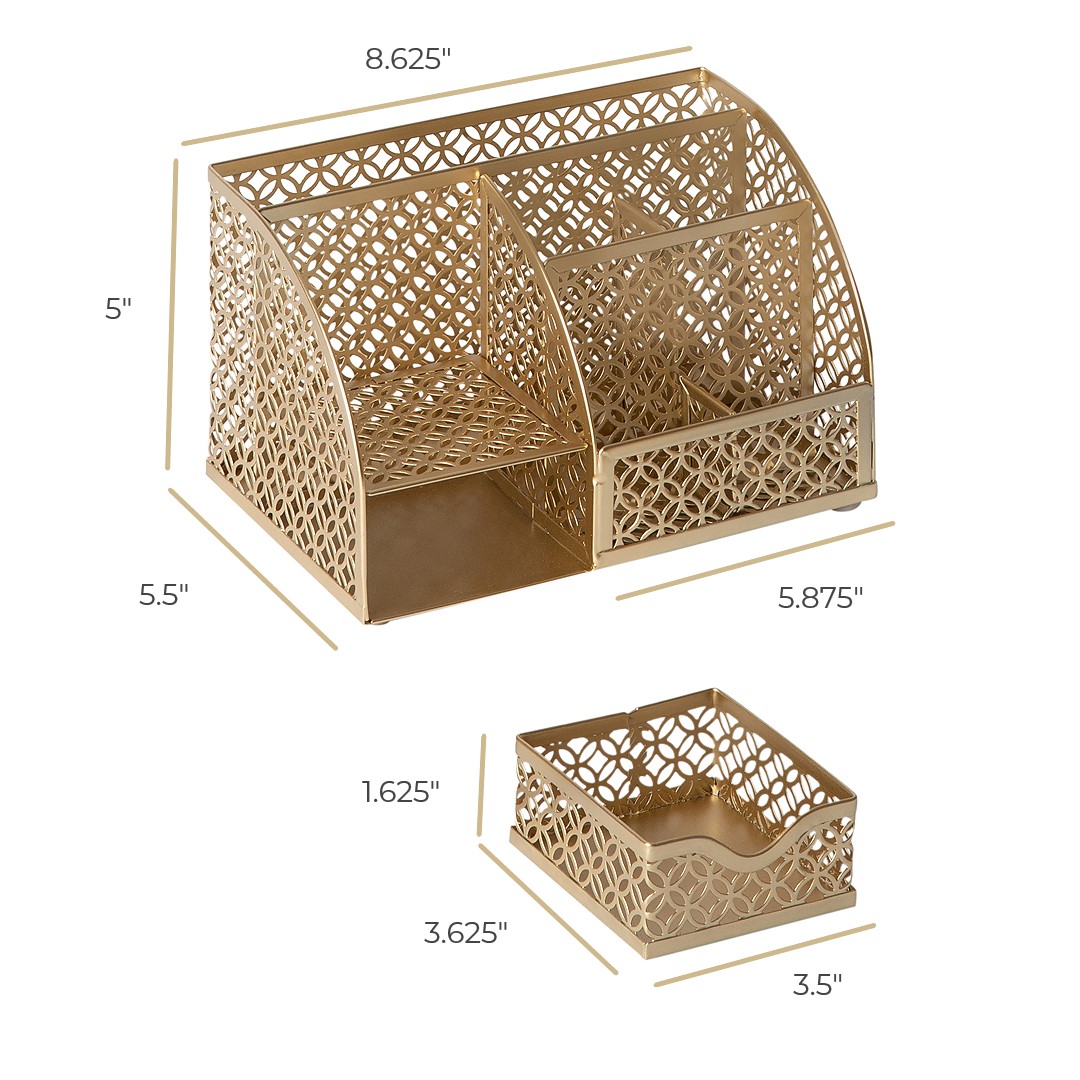 Riviera Designer Metal Desk Organizer with Drawer - Gold