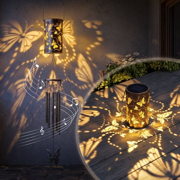 BSHAPPLUS® 39" Solar Wind Chimes for Outside,Hollow Butterfly Lantern with Shadow Projection,Retro Metal Wind Chime with Butterfly Pendant,2-in-1 Detachable IP65 Waterproof Garden Decor,Patio Yard