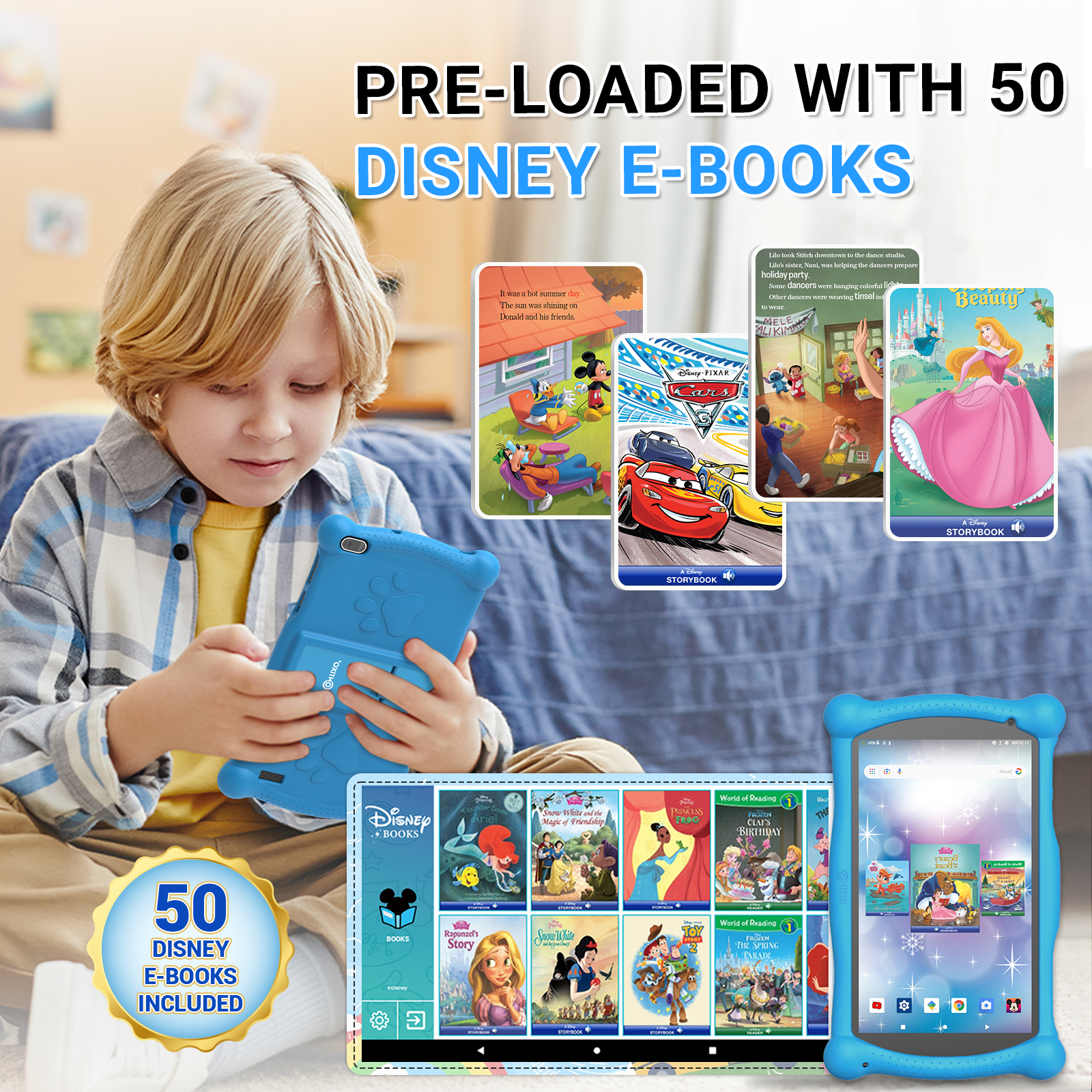 Contixo V10 7" Kids Tablet, Headphone and Tablet Bag Bundle, 32GB Storage, 50+ Disney eBooks, Shockproof Case w/ Kickstand and Stylus - Blue - image 2 of 6