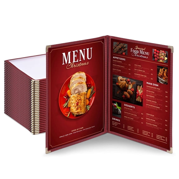 WeChef 30 pack 8.5"x11" Restaurant Menu Book Covers 2 Page 4 View Double Fold for Cafe Hotel Bar Burgundy