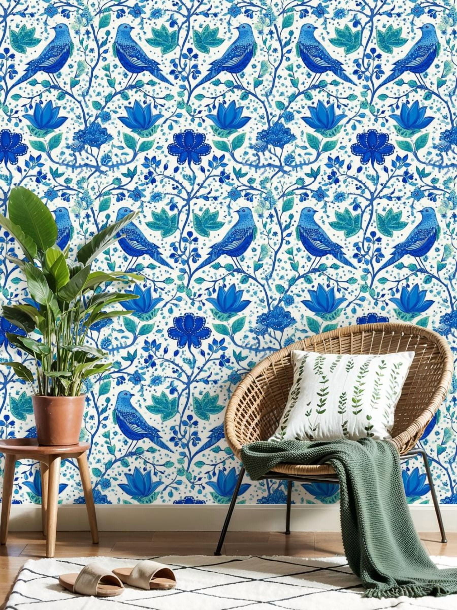 Farmhouse Peel and Stick Wallpaper 23.6in x 9.8ft Blue Floral Birds Botanical Elements Contact Paper Vinyl Self-Adhesive Removable Wall Paper for Bedroom Kitchen Cabinet Renter Friendly