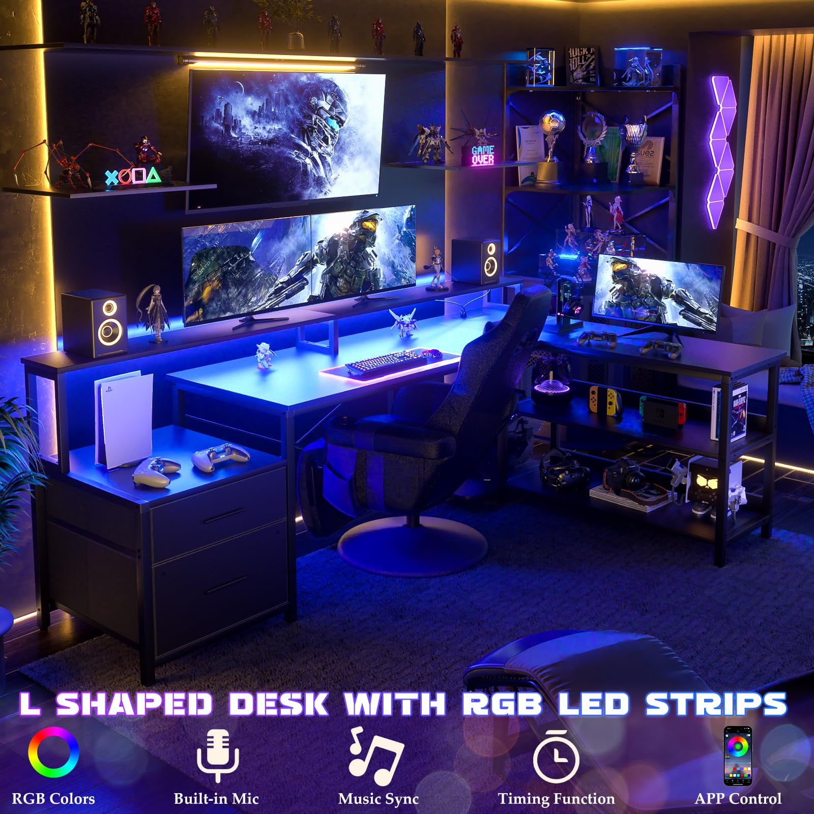 Homieasy L Shaped Desk with File Drawer, 72.8" Reversible L Shaped Computer Desk with Power Outlet & LED Strip, Gaming Desk with Monitor Stand, Office Desk Corner Desk with Storage Shelf, Black