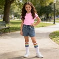 thumbnail image 2 of OGLCCG Girls 3 Piece Outfit Set Kids Short Sleeve Tshirt and Denim Shorts Socks Summer Casual Active Clothes Sets with Pockets 3-12 Years, 2 of 8
