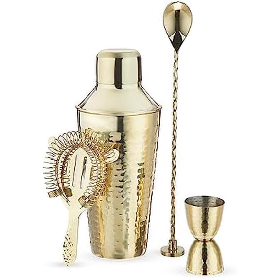 4-Piece Gold Hammered Cocktail Shaker Set Includes Cobbler Shaker, Strainer, Jigger, Bar Spoon for Classic Cocktails, Mixed Drinks, Cold Brew, Home Bar Tools, Bartender Kit, Bar Cart Accessories