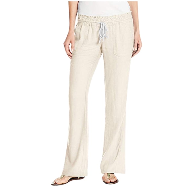 Pantalones palazzo anchos con cordón de lino suave para mujer: color liso, cintura ajustable, corte fluido para uso informal/viajes, mezcla de lino transpirable