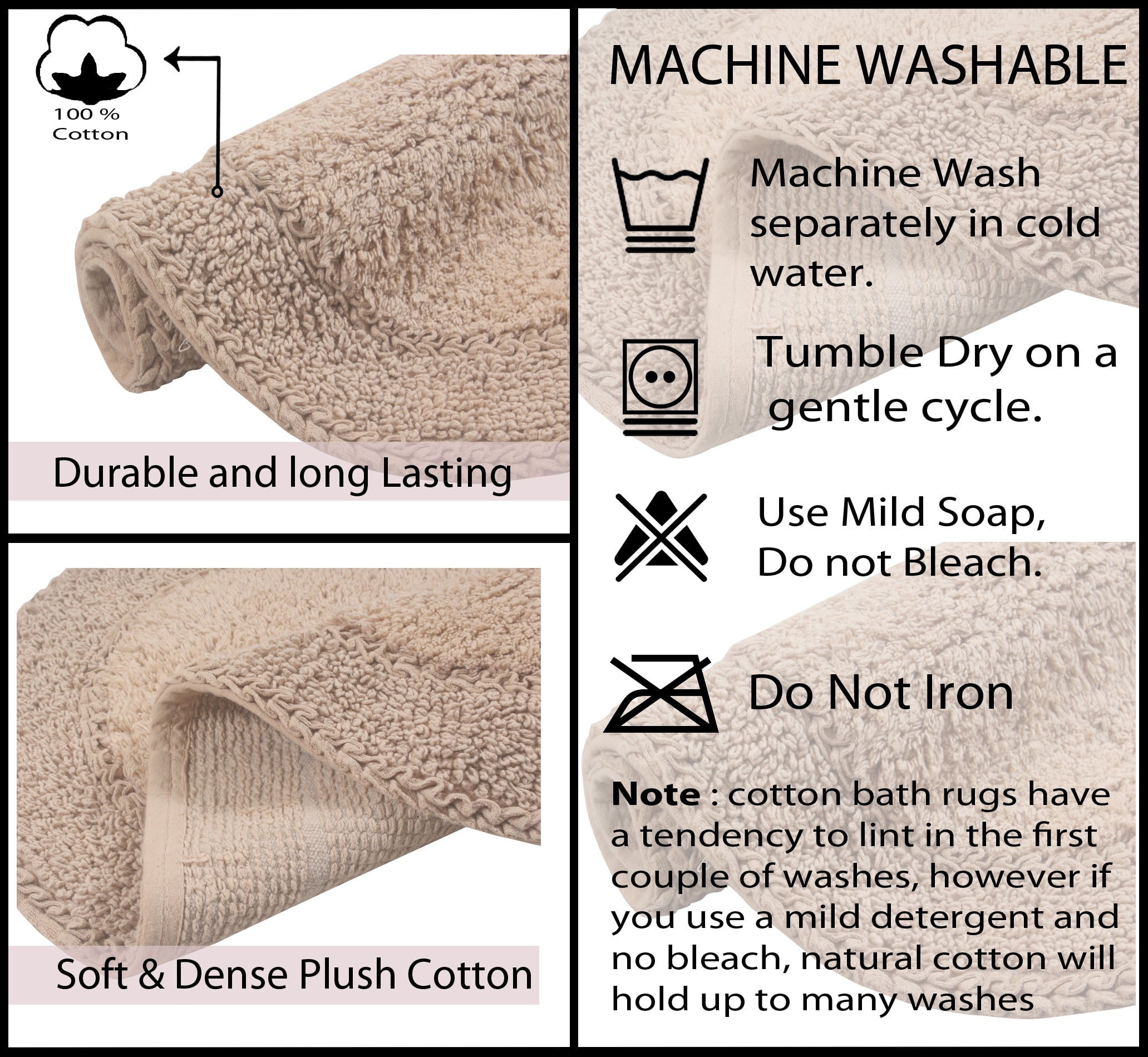 Home Weavers Double Ruffle Collection 100% Cotton Non-Slip Bathroom Rug Set Machine Washable Bath rug-21"x34", Bathroom Rug- 24"x40", Linen Color 2 Piece Bath rug set