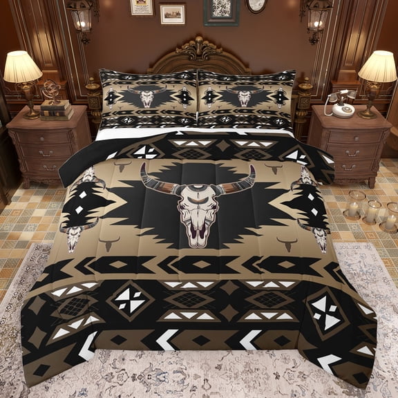 jejeloiu Boho Exotic Style Bedding Comforter Set,Bohemian Bull Skull Twin Comforter Sets,Brown Black Aztec Bedding Set For Boys Teens,Microfiber Bedroom Decor Reversible,2-Piece