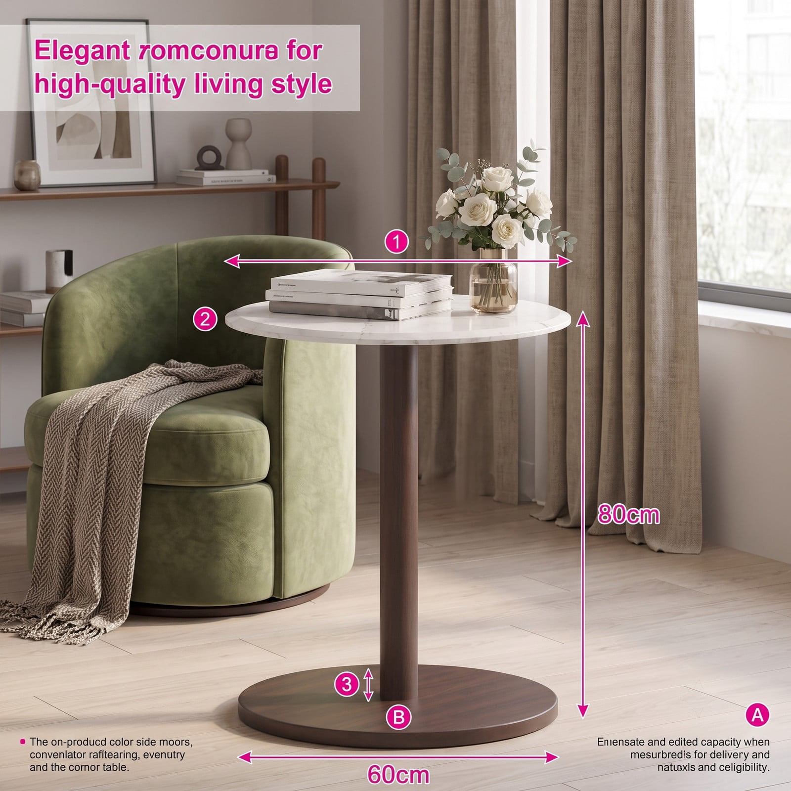 Furnibear Round Marble Side Table, Pedestal End Table with Genuine Stone Top and Solid Wood Base, Waterproof Accent Nightstand for Living Room Bedroom, White & Black