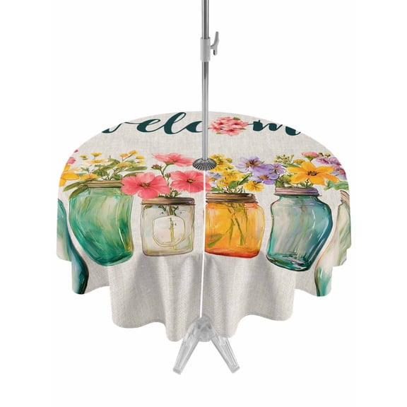 Outdoor Tablecloth with Umbrella Hole for Patio/Picnic/Party/Camping, Spring Botanical Waterproof Table Cloth Round Cover Washable, Watercolor Flower Vises Floral Beige (Dia 54")