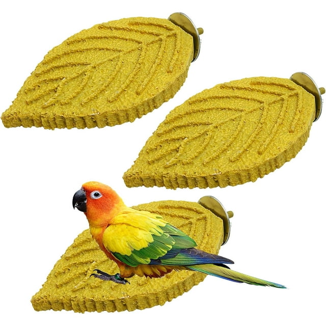 3 Pcs Perchoir en Résine pour Perroquet, Pierre à Aiguiser en Forme de Feuille, Support de Perchoir, Coupe-Griffes, Accessoires de Cage pour Cockatiels, Conures, Perruches, Inséparables.