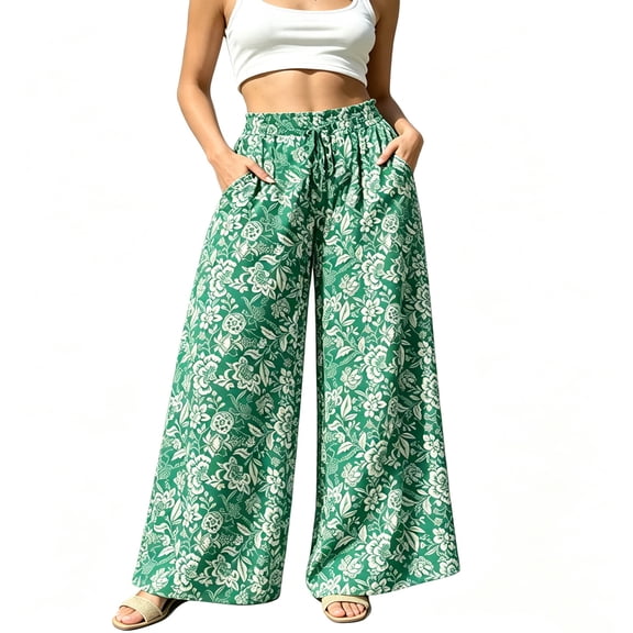 SAWOBUUN Women Floral Print Wide Leg Pants High Waisted Elastic Waist Drawstring Loose Fit Trousers Casual Long Pants with Pockets
