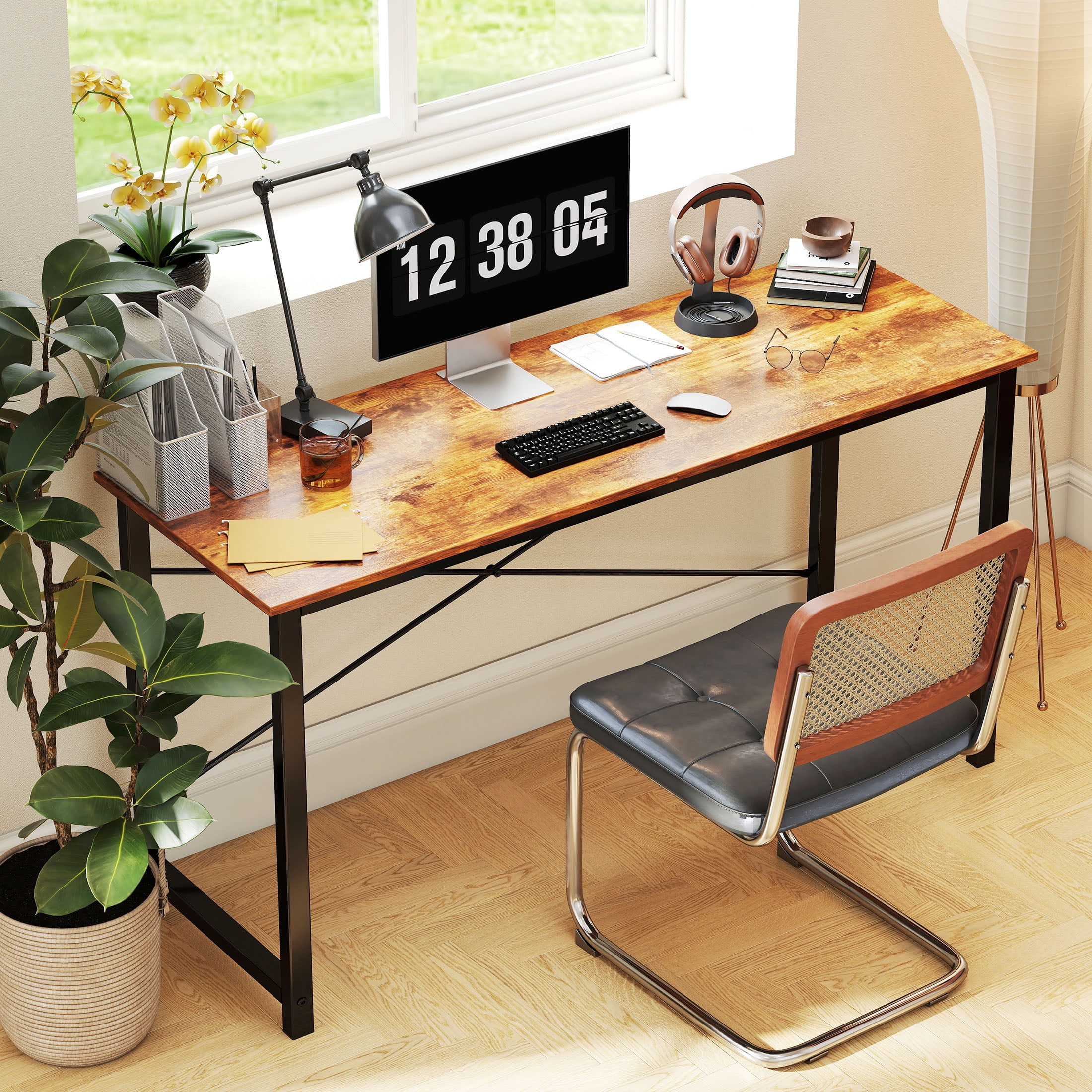 EDX Computer Desk 55 Inch Writing Desk with Storage Bag Iron Hook