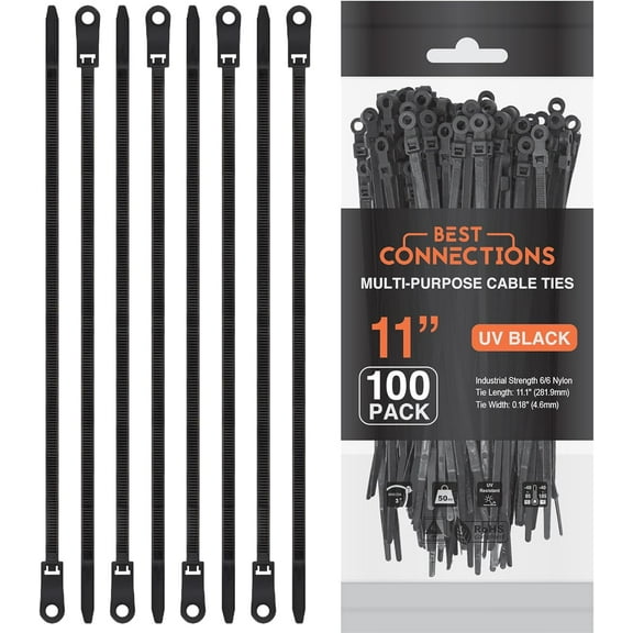 Best Connections 100 Pcs 11" Inch Black Screw Down Hole Cable Zip Tie Car House Audio