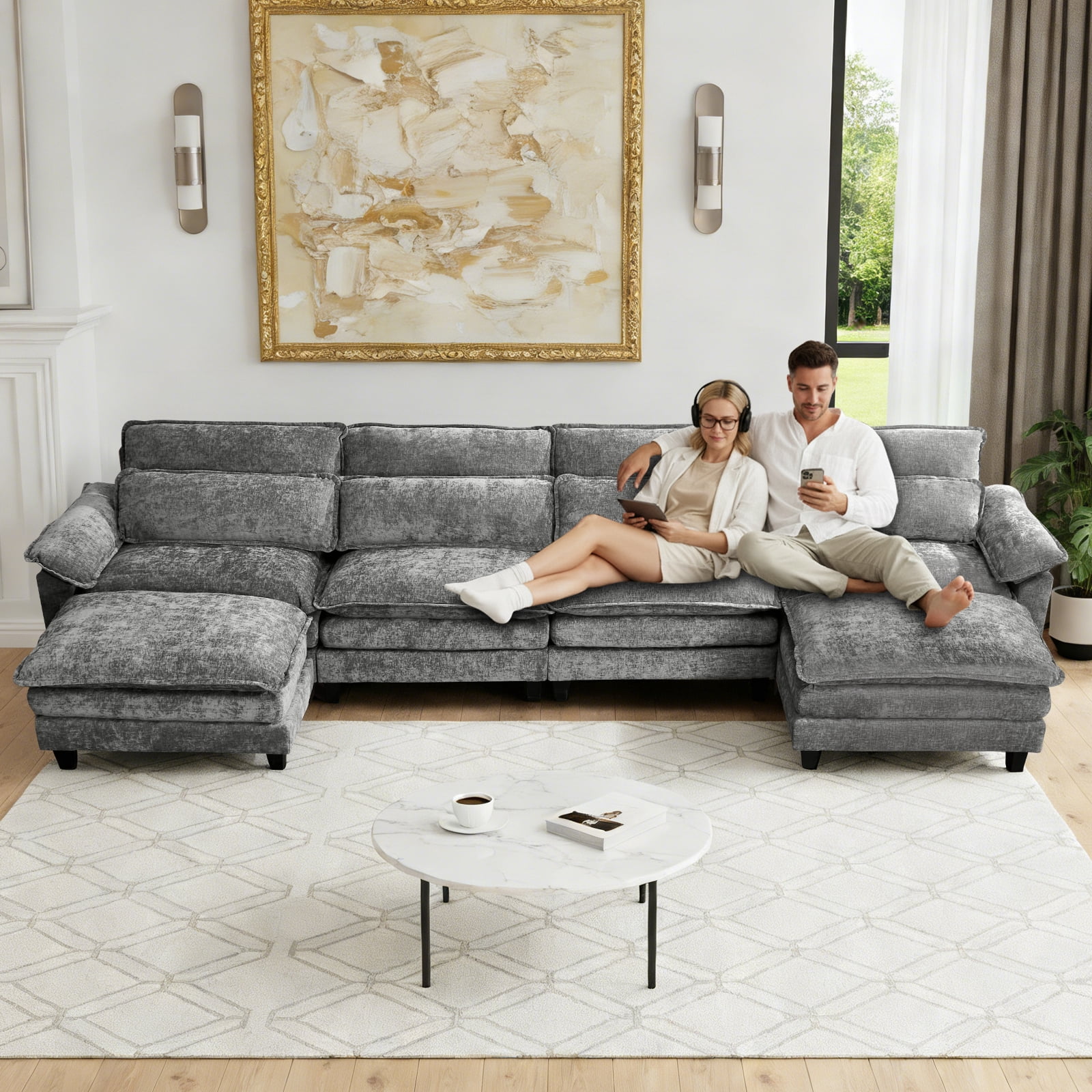 Howcool Cloud Couch Modular Sectional Sofa 6 Seat 148" U Shaped Convertible Couch Corduroy Thick Cushion with 2 Movable Ottomans and Toss Pillows Washable Removable Cover for Living Room,Grey