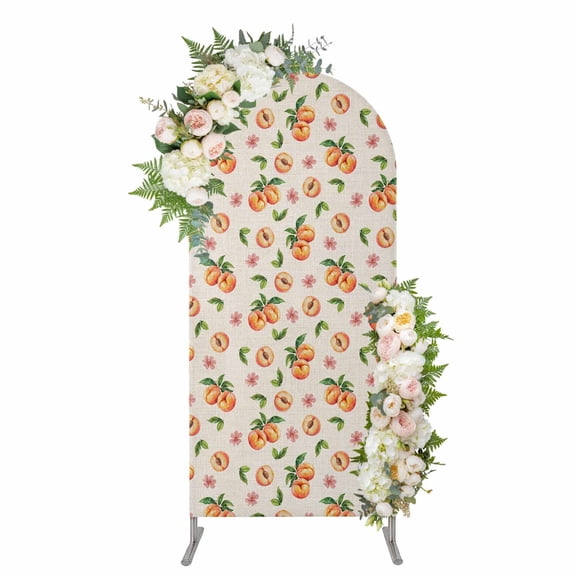 Summer Peach Arch Backdrop Cover 5FT, Tropical Fruit Rustic Flowers Watercolor Spandex Fitted Stretchy Arch Stand Covers, Round Top Chiara Backdrop Cover for Wedding Party Birthday Baby Shower