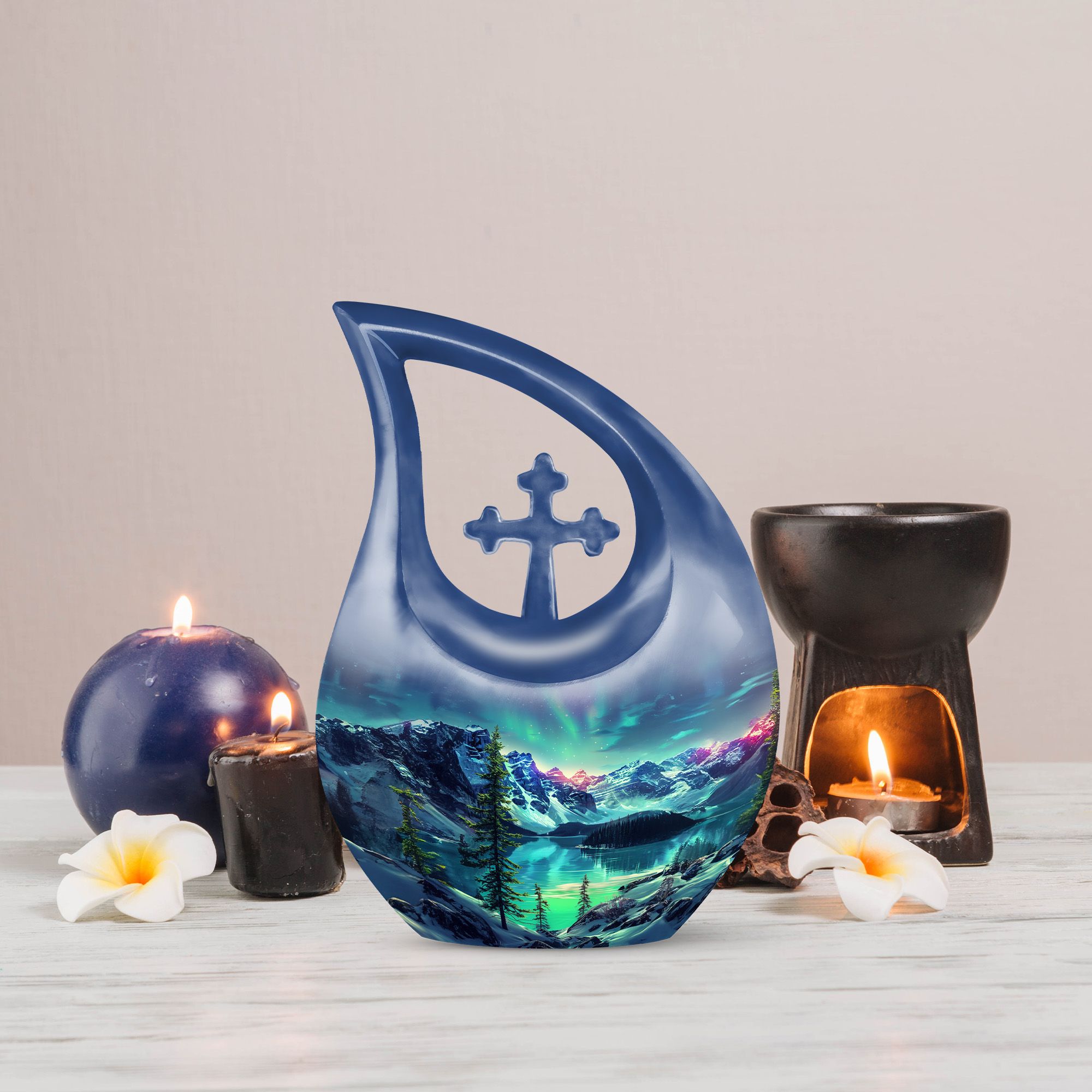 MUKTIVE Aurora Funeral Cremation Urns for Adult Ashes Grandmother - Mountain Memorial Urn for Human Ashes Adult Male & Female - 10 Inch Large Decoration Urn for Human