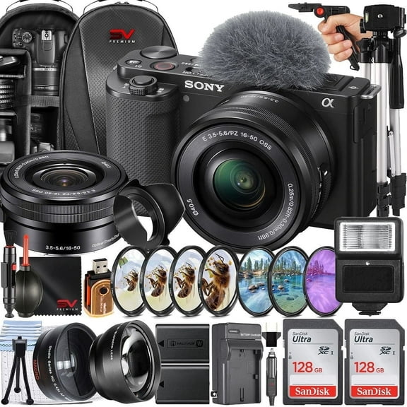Sony ZV-E10 Mirrorless Camera with 16-50mm Lens   2 Pack 128GB Memory Card   Backpack   Filter Kit   Full Size Tripod   SV Premium Accessory Bundle (International Version)