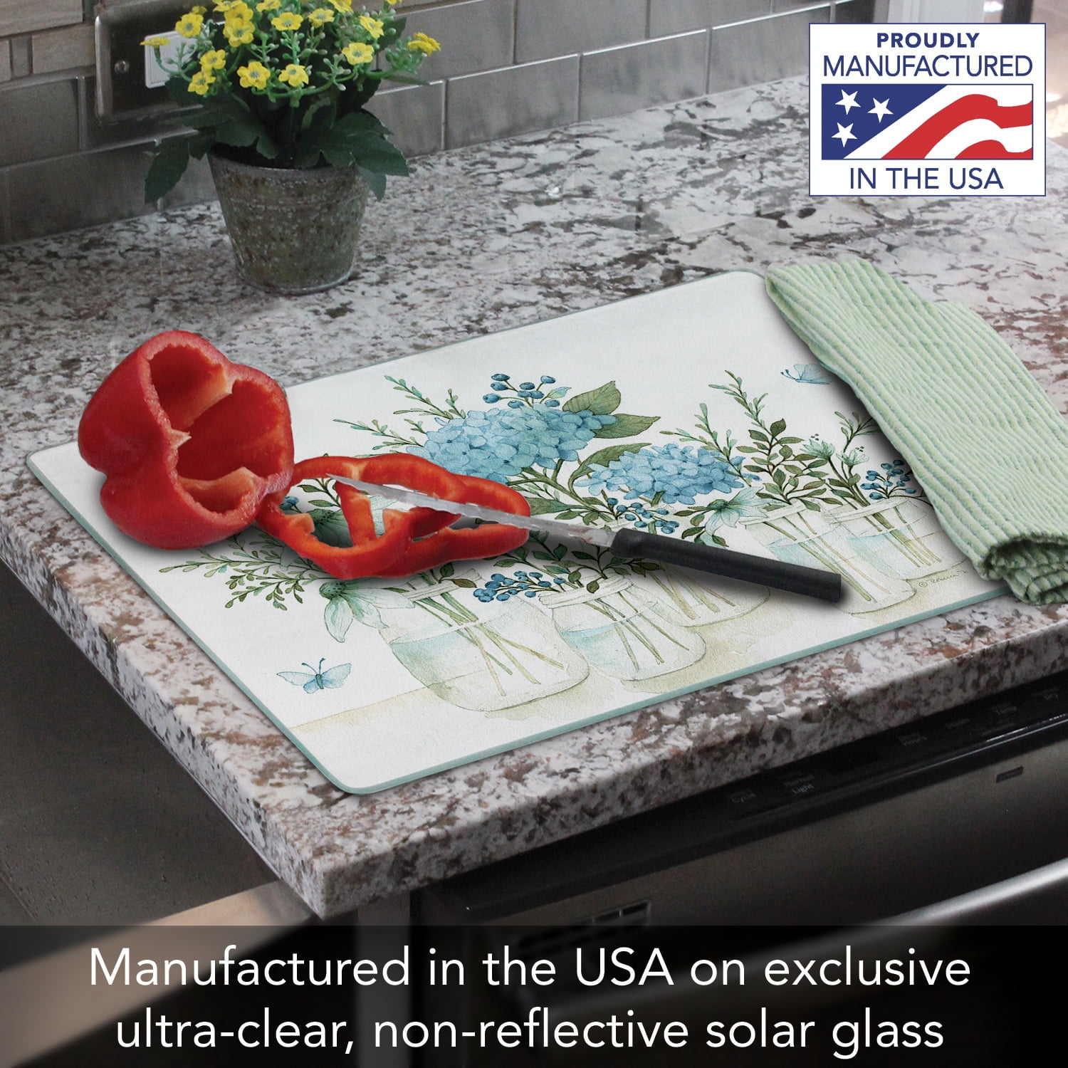 CounterArt Mason Jar Floral 3mm Tempered Glass Cutting Board 15" by 12"
