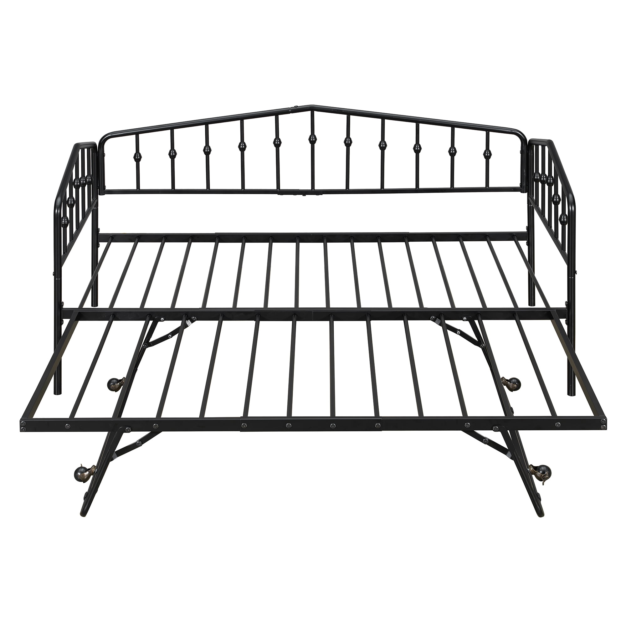 GARITIN Twin Size Metal Daybed with Adjustable Trundle, Portable Folding Trundle Bed Frame for Guest Room, Black