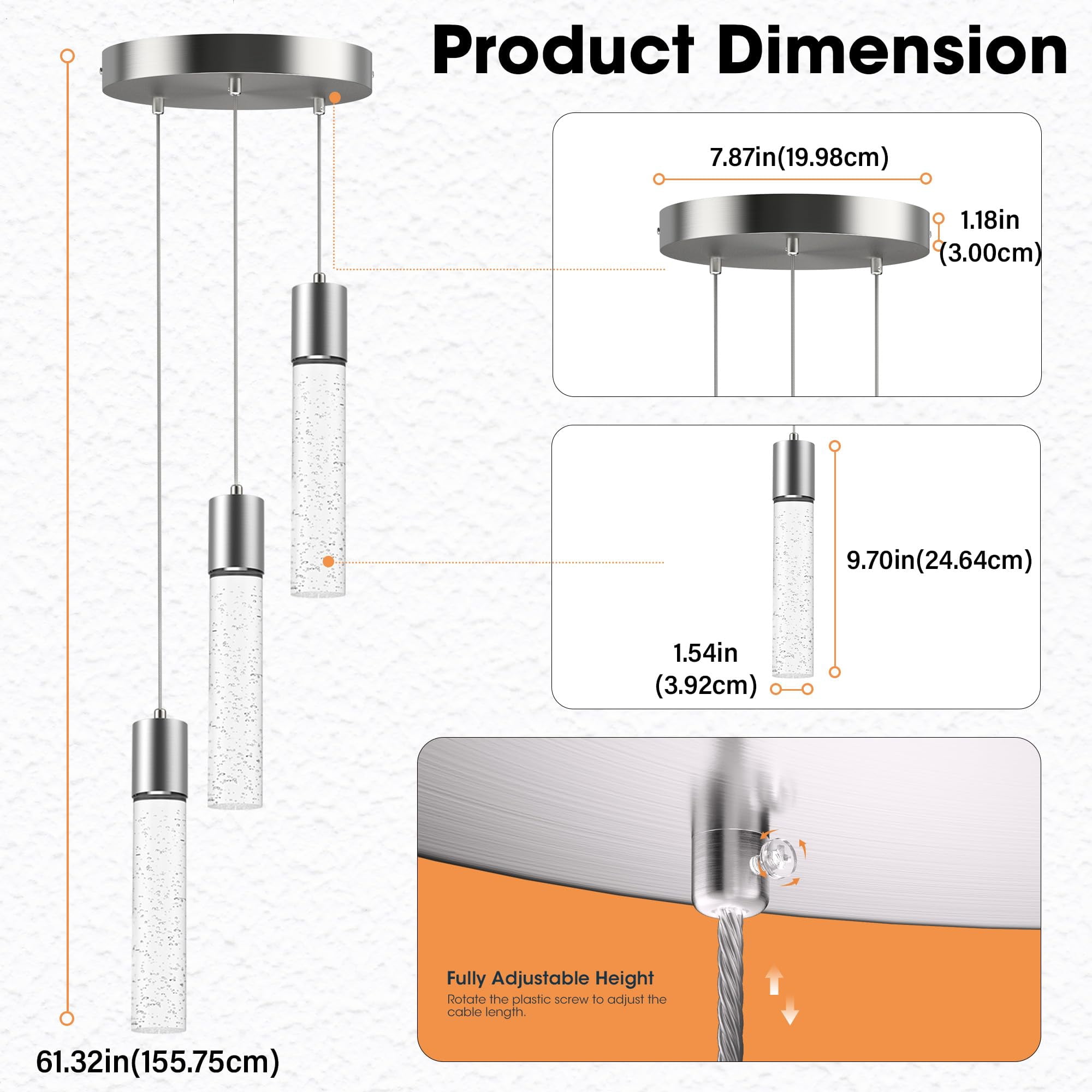 3 Lights Pendant Lights Kitchen Island, Modern Kitchen Island Lights, Ceiling Lighting Fixtures with Crystal Bubble, Integrated LED Hanging Light Nickel&nbsp;