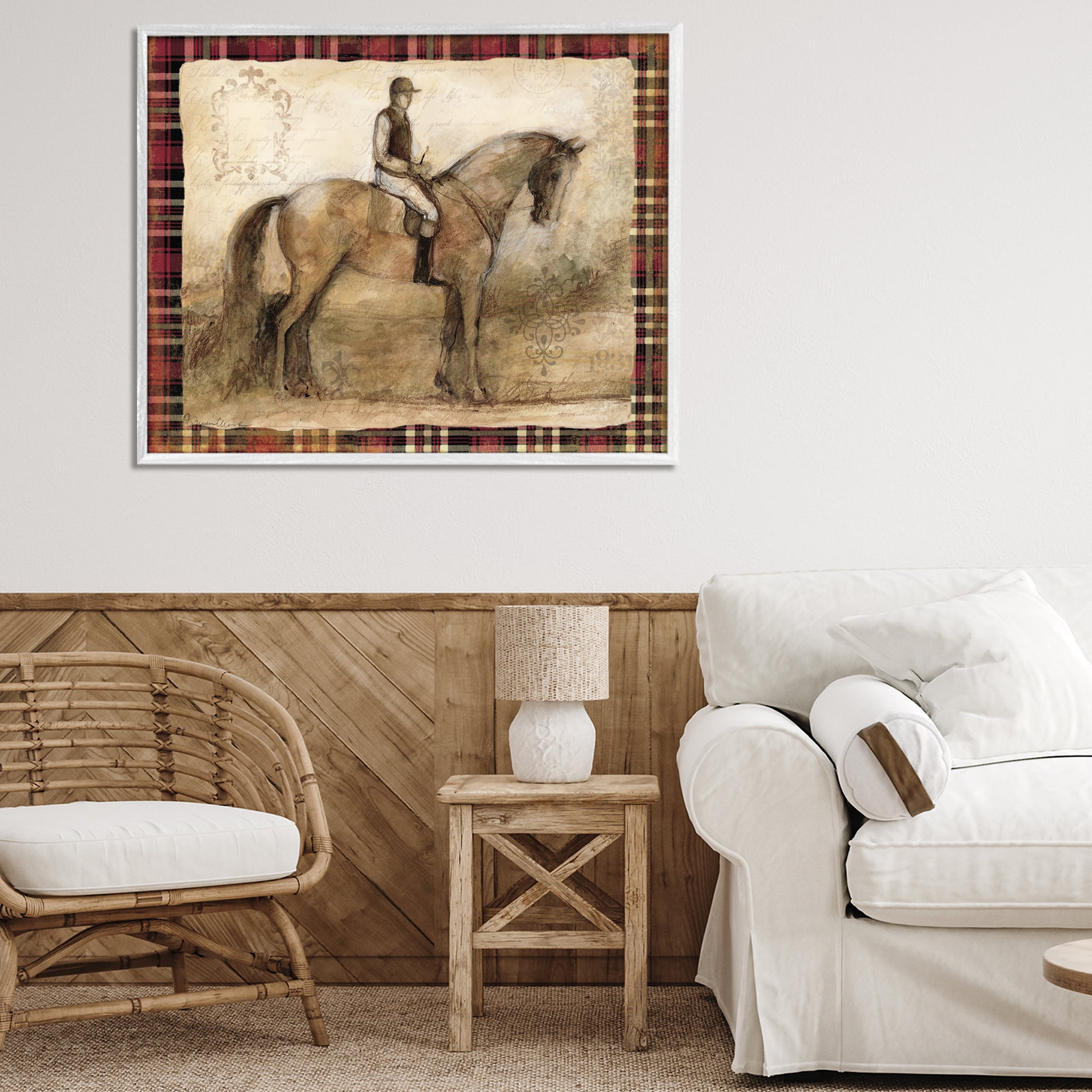 Stupell Industries Horse With Jockey & Plaid White Framed Giclee Art, design by Susan Winget