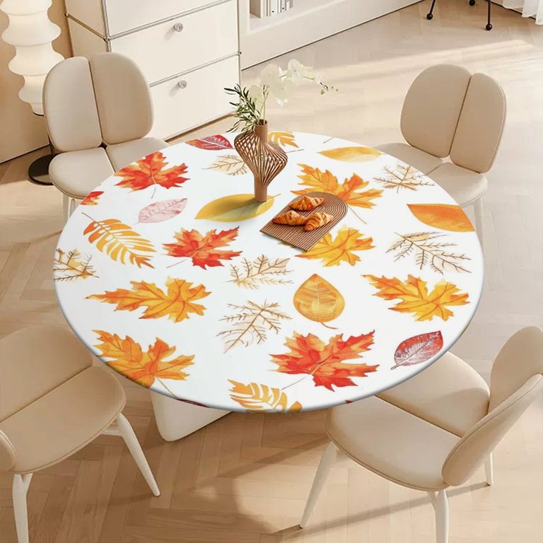 Thanksgiving Pumpkin Maple Leaves Round Fitted Tablecloth – Waterproof, Elastic Edge, 36-44in