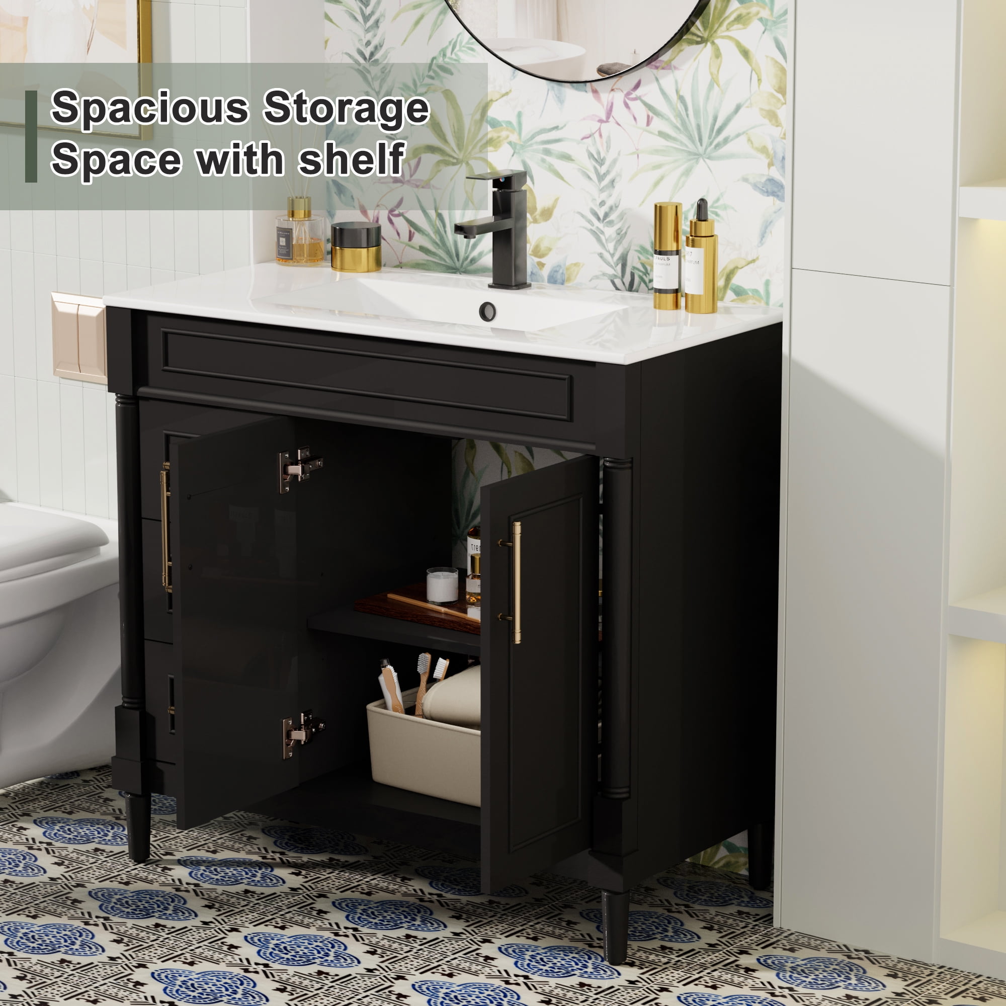 36" Freestanding Bathroom Vanity with Ceramic Sink Top, Zinc Alloy Faucet, Classic Tapered legs