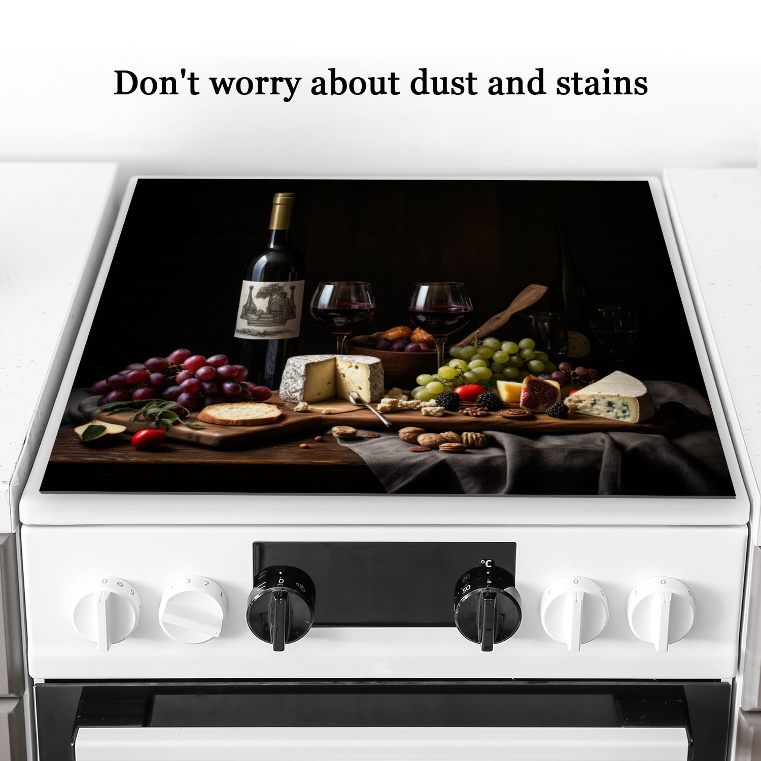 Foldable Cover for Stove Top Electric Flat Top, Red Wine Grape Cheese Picture,Square Stove Burner Covers Mat for Kitchen RV (28×20 Inch)