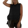 thumbnail image 2 of FDGIU Women's Mock Neck Hollow Knit Sleeveless Tank Top, Fringe Tassel Hem Slim Casual Knit Camisole, 2 of 8