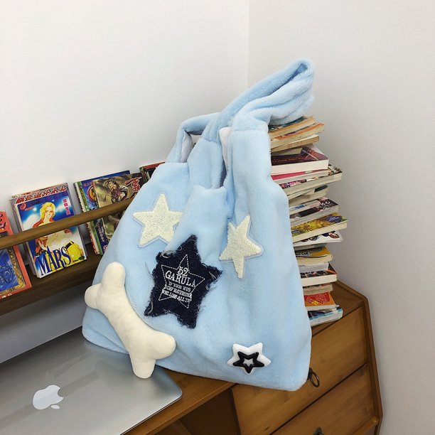 Bolso de hombro mullido Likrtyny mujer Color sólido Estrella suave Y2K bolso de viaje azul