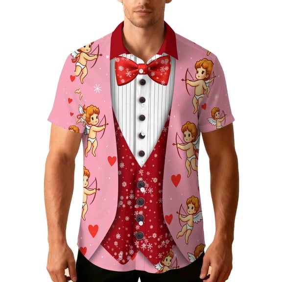 Eryao Valentines Day Hawaiian Shirts for Men Festival Graphic Tops Casual Short Sleeve Button Down Blouses,Pink,M