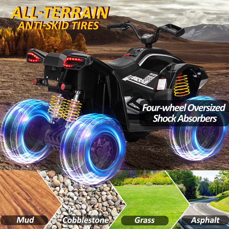 Kids ATV 4 Wheeler, 24V 2 Seater Electric ATV Quad w/4WD Motor, Protective Gear Set, Bluetooth, LED Lights, Spring Suspension, Battery Powered Ride on Toys for Big Kids, Boys, Girls, Christmas, Black