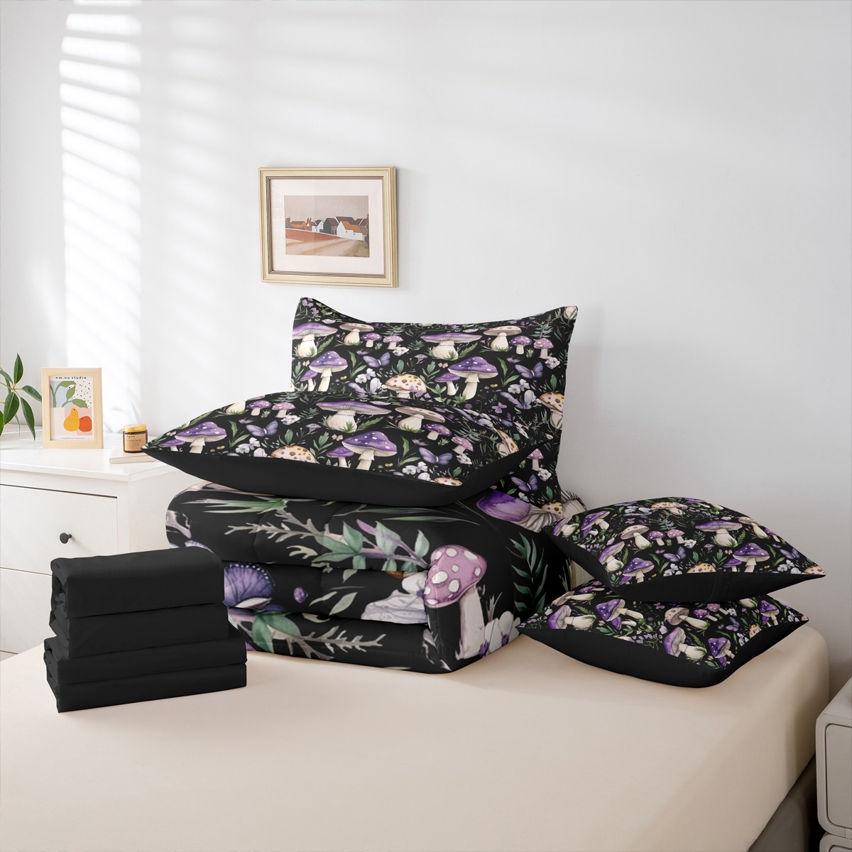 Homewish Rustic Mushroom 7pcs Bedding Comforter Set,Country Farmhouse Lodge Queen Bedding Sets,Purple Butterflies Queen Sheet Sets For Girl,Microfiber Bedroom Decor Reversible
