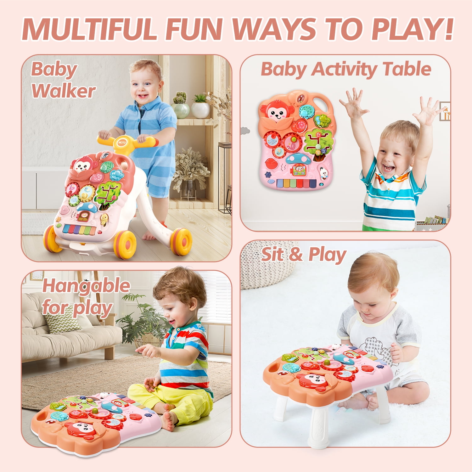 JoyStone 2-in-1 Baby Walker and Learning Push Toy with Music Table, for Toddlers 6–18 Months
