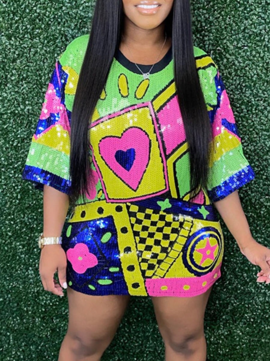 LovelyWholesale Women's Sequin T Shirt Dress Sexy Floral Letter Print 3