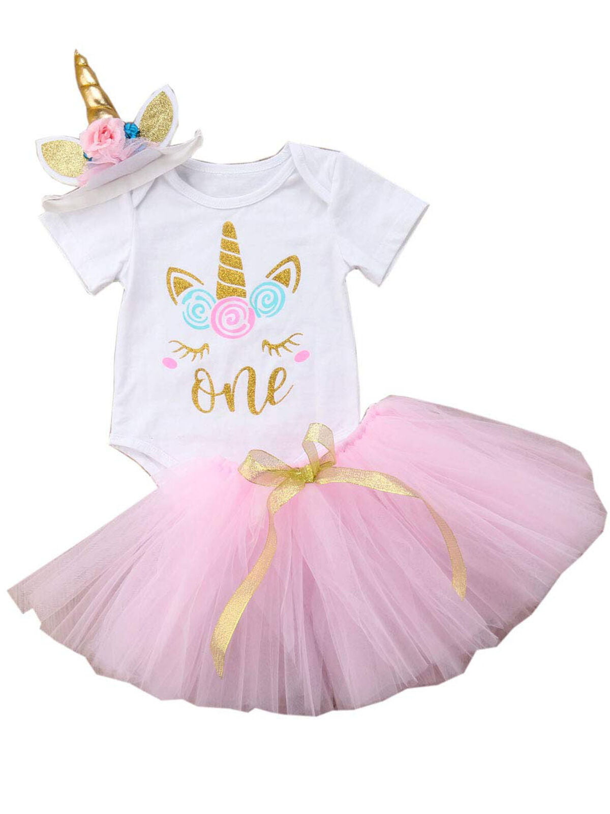 3PCS Infant Baby Girls 1st Birthday Tutu Skirts Dress Clothes Embroidered Romper 