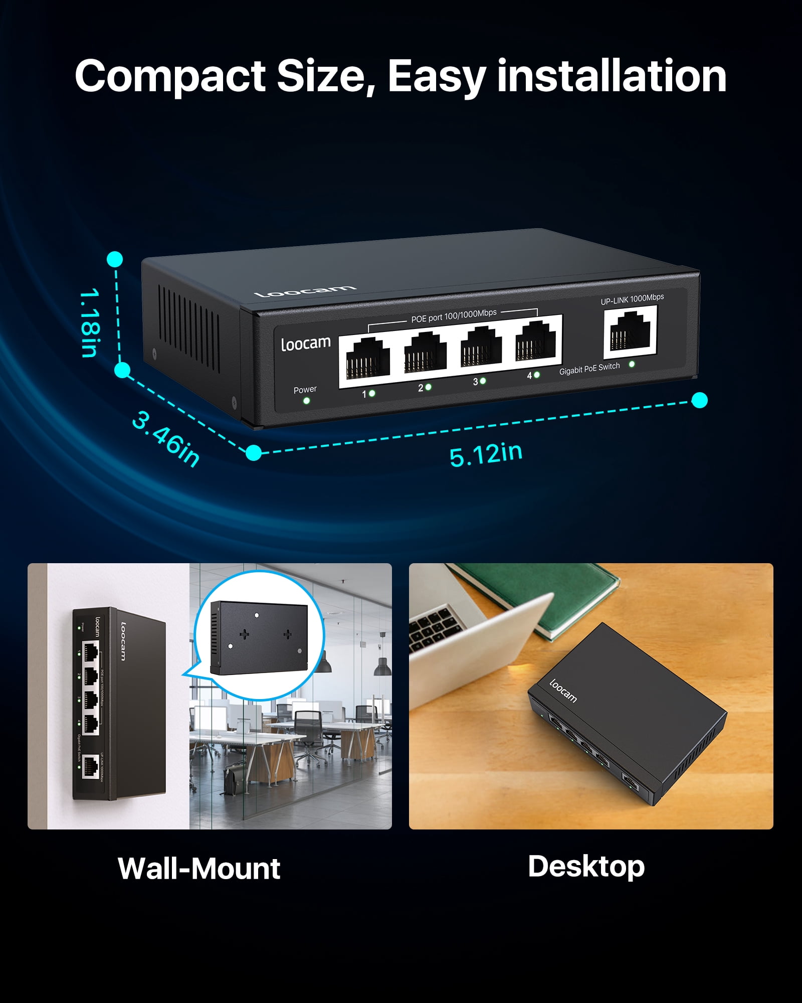 Loocam 5-Port Gigabit PoE Switch with 4-100/1000Mbps PoE Port，1 Uplink Gigabit Port,  Unmanaged Ethernet Network Switch(-Plug and Play)