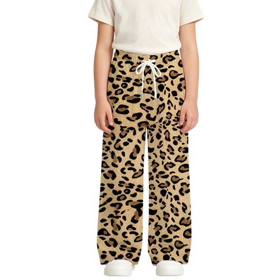 Bainana Girls Leopard Pants Elastic Waist Wide Leg Trousers Fashion Streetwear Pants, Size 4-13 Years, Beige