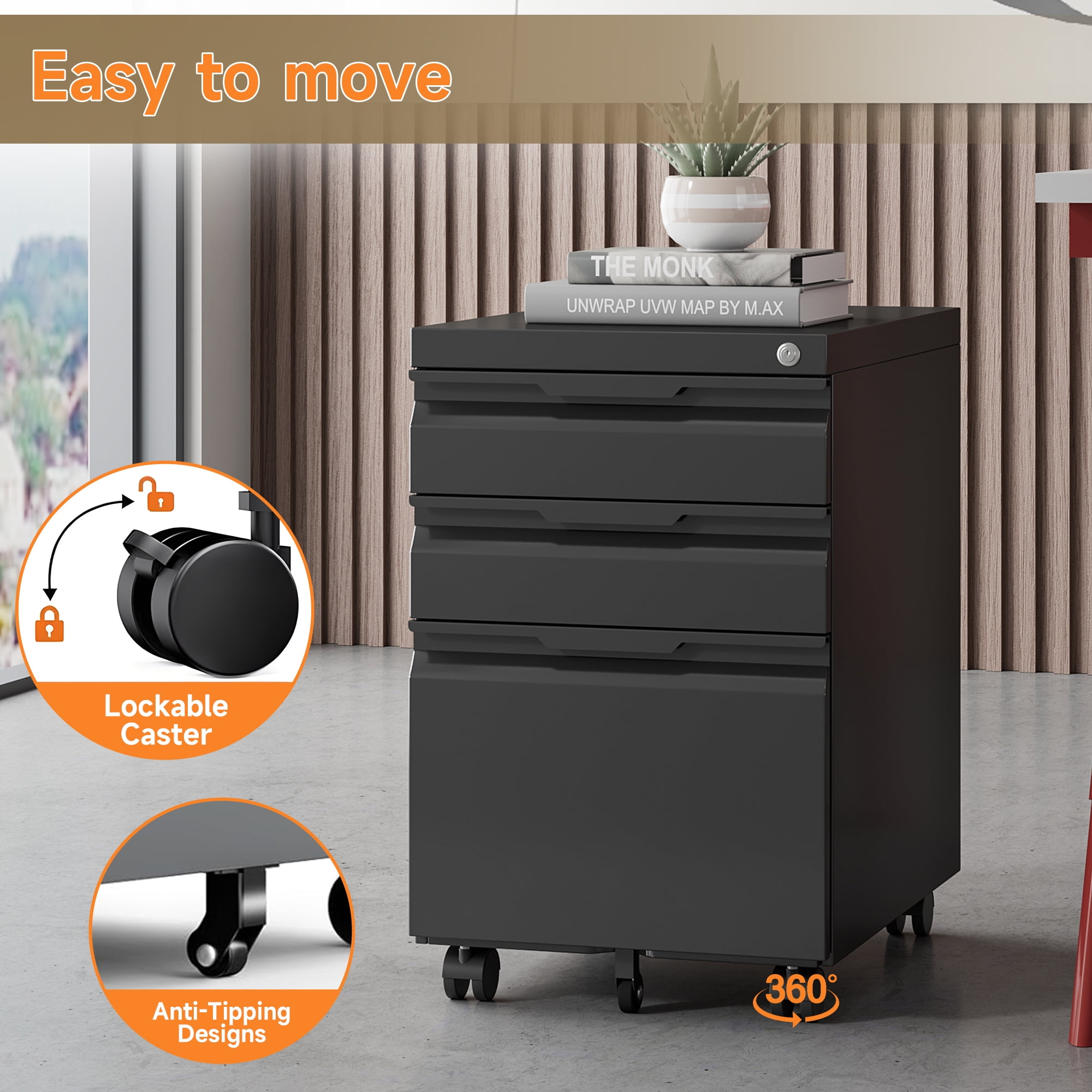 TOPASS 3 Drawer Mobile File Cabinet, Under Desk Metal Storage Cabinet with Wheels, Requires Installation (Black)