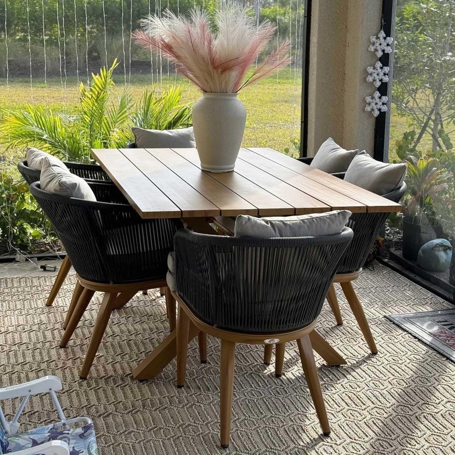 PURPLE LEAF 7 Pieces Patio Dining Set, Rectangular Aluminum Outdoor Table and 6 Wicker Chairs with Cushions for Garden Kitchen and Porch, Teak