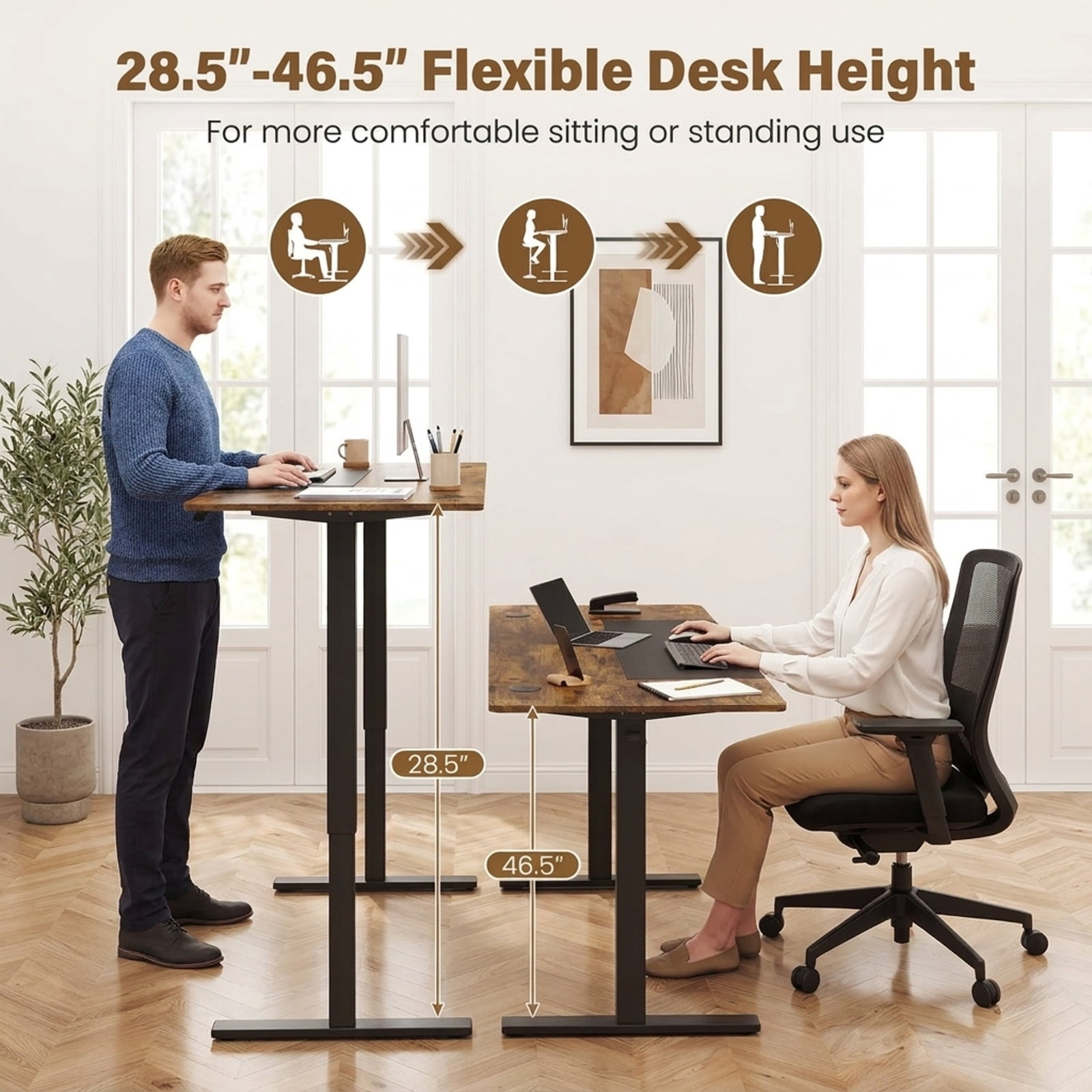 Furnibear 63 x 24 Inch Height Adjustable Sit Stand Computer Desk with 3 Memory Presets for Home Office Study Computer Writing, Rustic Brown