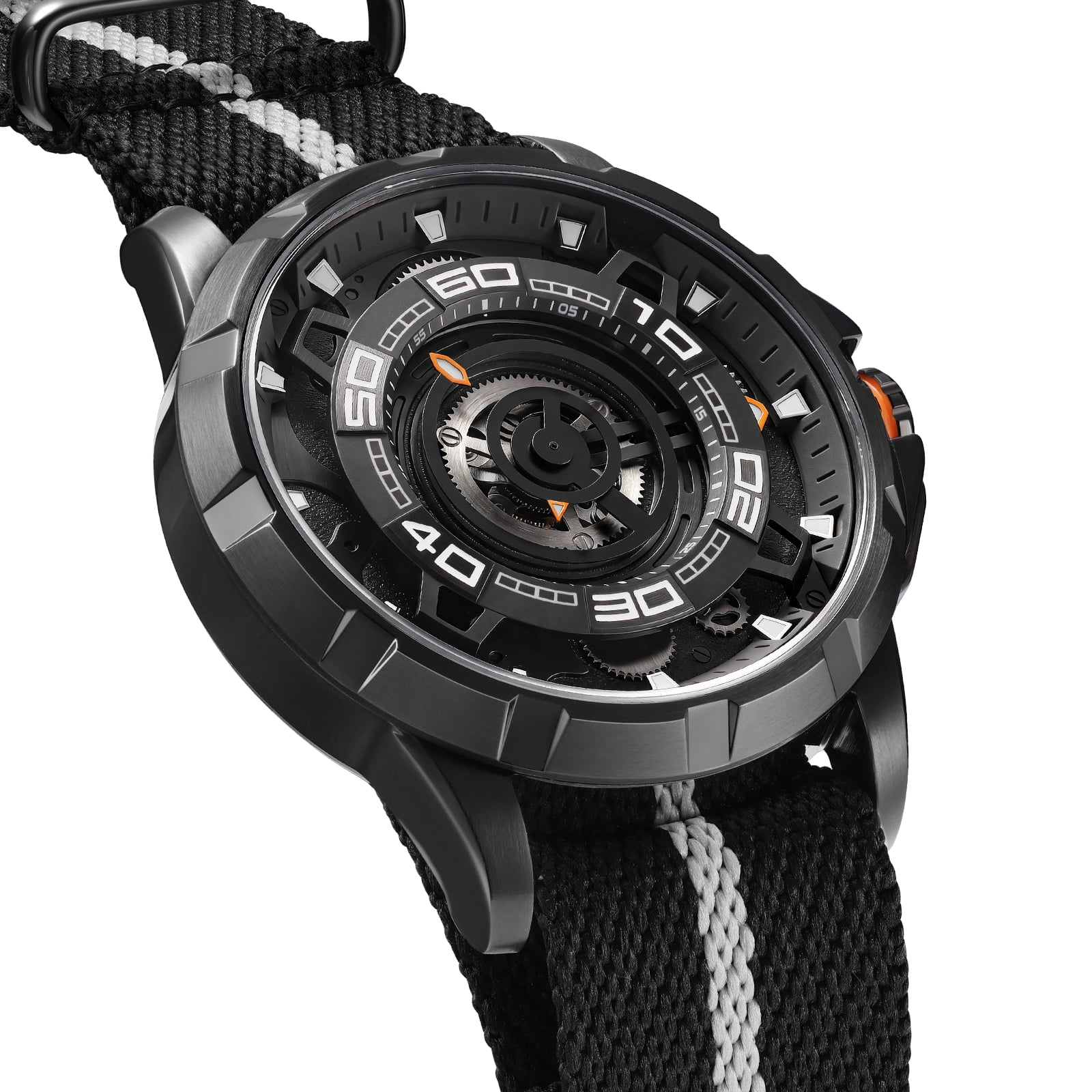 BERNY Mens Skeleton Automatic Watch, Luxury Fashion Self Winding Mechanical Watch with Nylon Strap, Exhibition Caseback, Sapphire Crystal, Luminous 50M Waterproof Watches for Mens Gifts (Black)