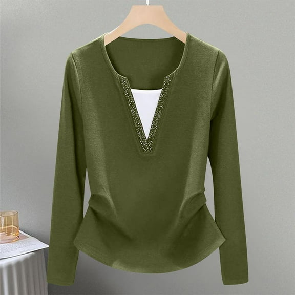 Lightweight Sweatshirts for Women, Womens Long Sleeve Tops Dressy V Neck Rhinestone Tunic Pullover Top Fall Elegant Solid Color Busniess Loose Fit T-Shirt