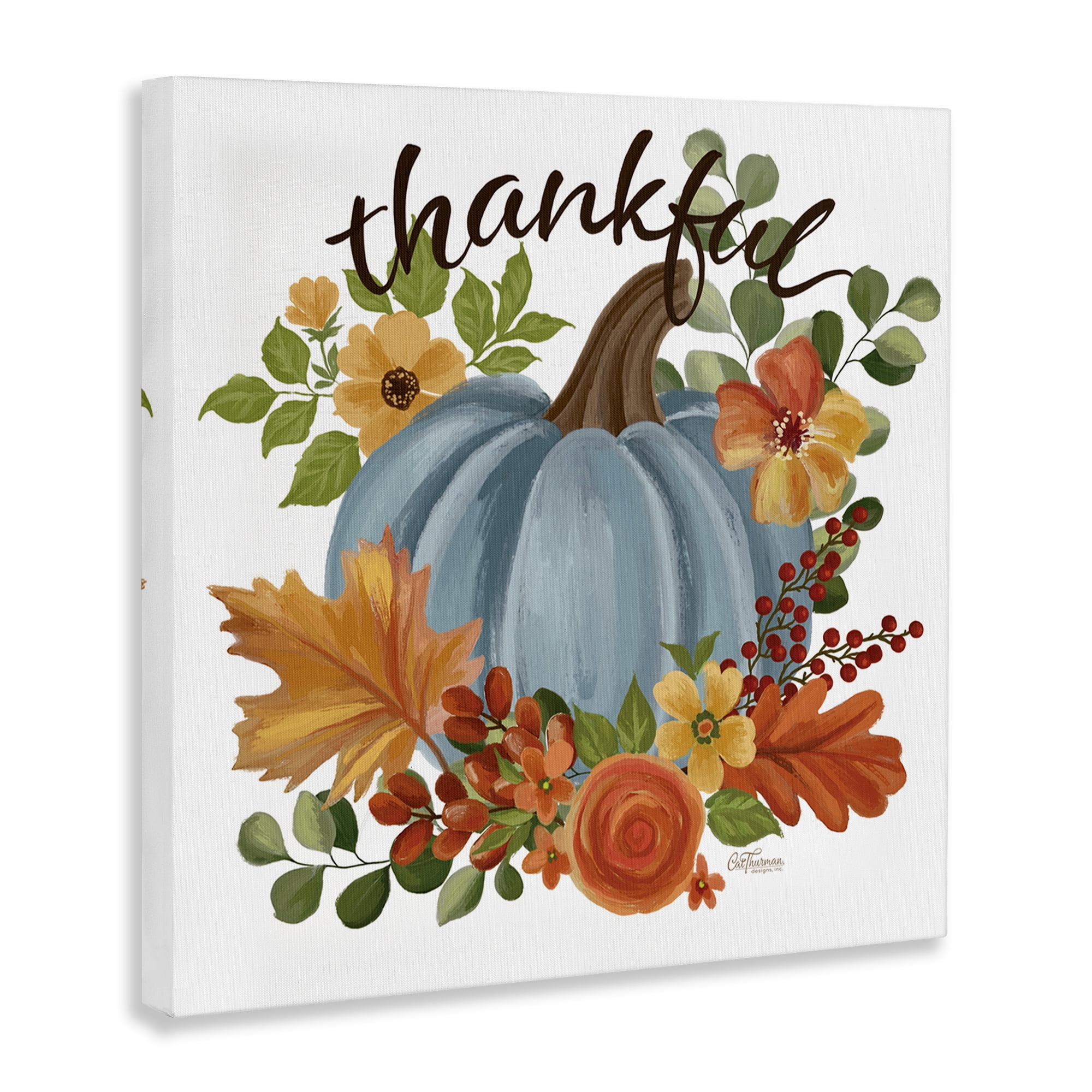 Stupell Industries Autumnal Thankful Pumpkin Holiday Painting Gallery Wrapped Canvas Art Print Wall Art, 17 x 17