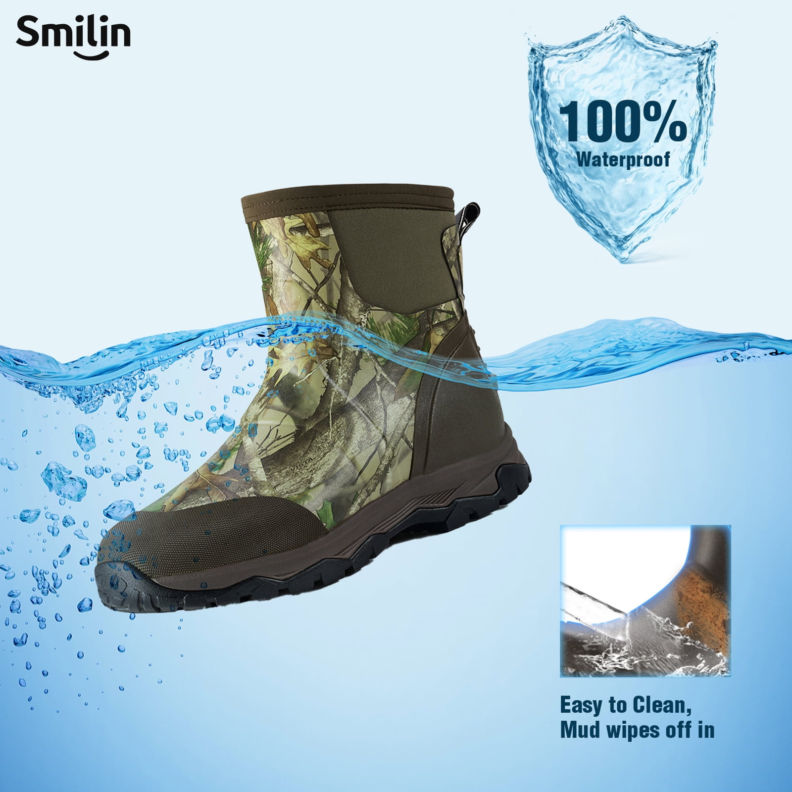 SMILIN Men's Rain Boots, Anti-Slip Ankle Height Outdoor Work Boots for Mud, Snow, Hunting, and All-Season Activities, Camo, US Size 11