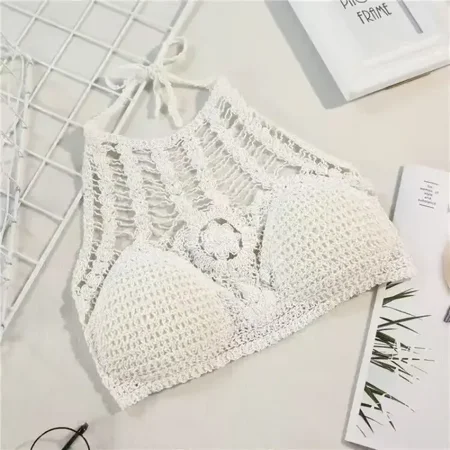 Crop Tops Retro Wild Hollow Perspective Tassel Sexy Spaghetti Strap Tanke Top Women Built In Bra New Back Lace Halter Neck