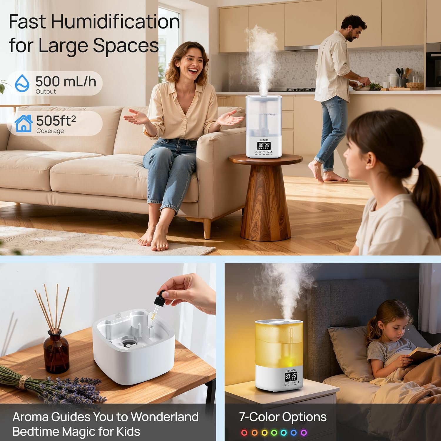 5L Top Fill Ultrasonic Humidifier with Remote Control and Timer for Large Rooms